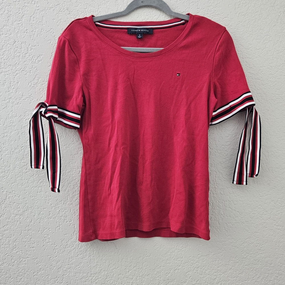 Tommy Hilfiger Women's Red Long Sleeve Top with Striped Accents